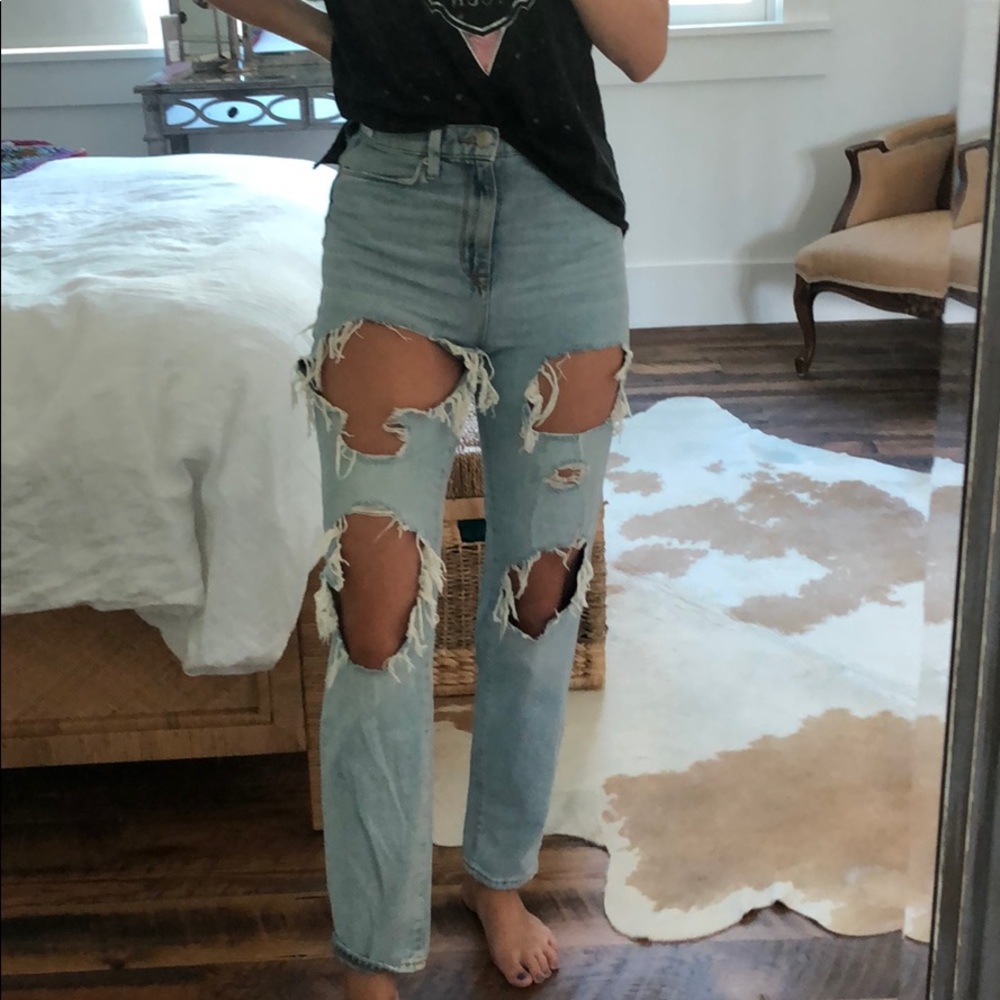 Super Distressed High Rise Mom Jeans